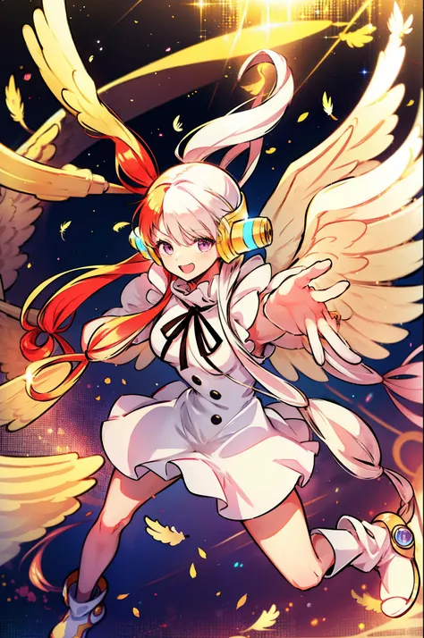 one piece dream singer UTA, one piece art style, mix color ribbon shape hair style, white maid jumpsuit, golden color gauntlet, golden color armor shoes, cute unzip wind breaker, feather mix color wings, scarf, charming idol aura, music symbol effect aroun...