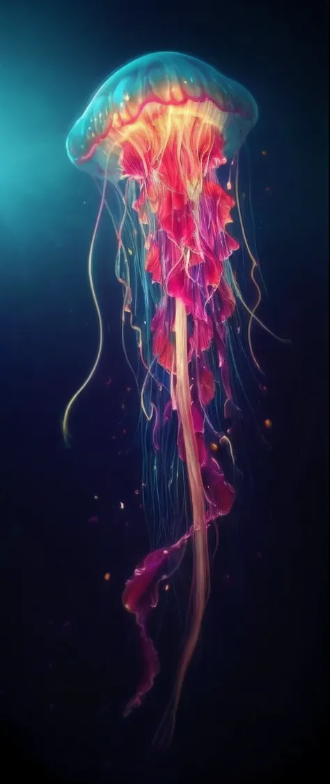 jellyfish floating in the ocean with a bright light shining on it, jellyfish phoenix, cyberpunk jellyfish, phoenix jellyfish, jellymeat, sea like jelly, glowing jellyfish, jellyfish, jellyfish pheonix, neon jellyfish, jellyfish fractal, space jellyfish, je...