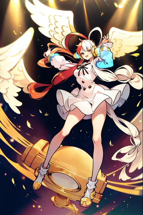 one piece dream singer UTA, one piece art style, mix color ribbon shape hair style, white maid jumpsuit, golden color gauntlet, golden color armor shoes, cute unzip wind breaker, feather mix color wings, scarf, charming idol aura, music symbol effect aroun...