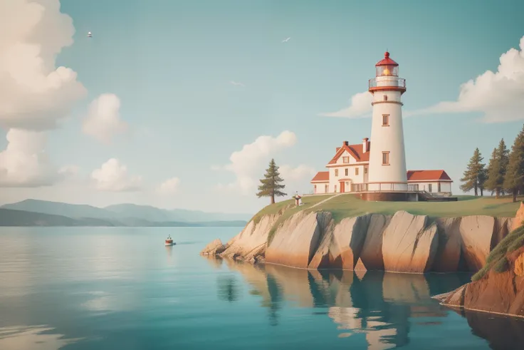 On the shore of a Wes Anderson-inspired lake, an oversized, striped lighthouse serves as a beacon of hope and wonder, with tiny sailors in the distance navigating its tranquil waters.