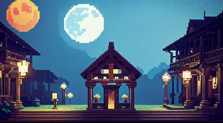 pixel game，scenography，fantastical scenes，Bloody moonlit night，Red Moon，Vampires，the bats，levitating， Pixel art #pixelart