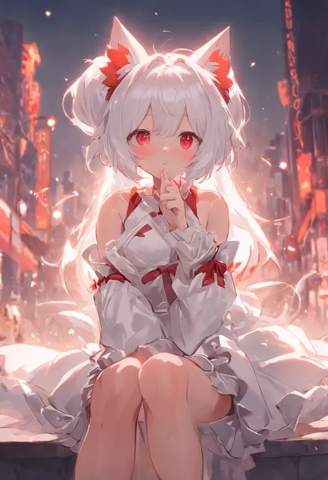 Anime girl sitting on bench，There are cat ears on the head, white dresses!! silber hair,Red pupils， cute anime waifu in a nice dress,, White-haired god, gray-haired girl, Perfect girl with white hair, Güvez on Pisif Art Station, whaite hair, Flowing white ...