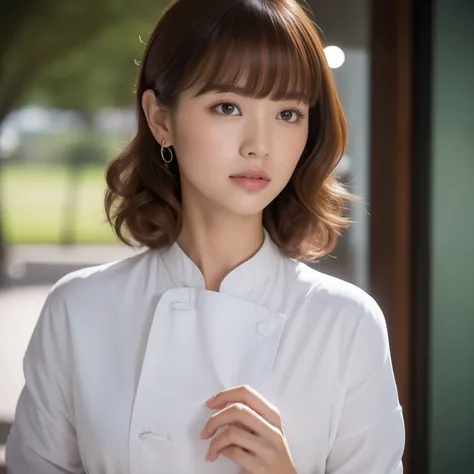 resturant, Holding an obon, Obon tableware, skin whitening, Wearing a chef jacket, Walking, beauty legs, brown hair, light brown hair, curly hair, hair behind ear, hair over shoulder, parted bangs, swept bangs, shiny hair, aqua eyes, blush, glint, UHD, ret...