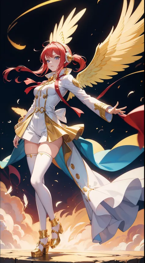 one piece dream singer UTA, one piece art style, red color ribbon shape hair style, wears a set of golden cone-shaped headphones with light-blue bands over her ears, white maid jumpsuit, golden color gauntlet, golden color armor shoes, cute unzip wind brea...