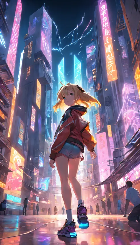 Dynamic angle, ((Full body posing:1.5), (colorful:1.2), (extremely detailed CG unity 16k wallpaper:1.1), (Denoising strength: 1.45), (tmasterpiece:1.37), ((official art)), Skaters play cyberpunk on streets with tall buildings and graffiti、, god rays, spark...