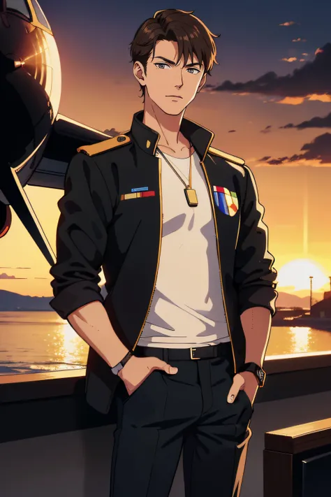 Young european guy civil pilot, Straight dark-haired, is Wears Apple Watch on right hand, with a black jacket over his shoulder, Standing at evening dark sunset, airplane on background, Wears Apple Watch on right hand