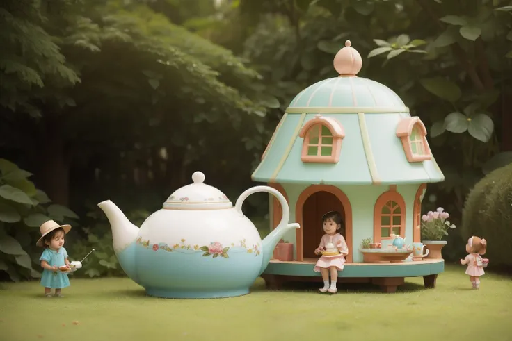 Within a whimsical Wes Anderson garden, an enormous, porcelain teapot serves as a whimsical playhouse for tiny children in the distance, who engage in imaginative tea parties.