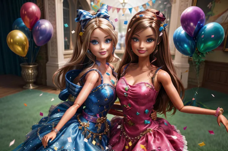 a Barbie doll theme party, with the dolls dancing and celebrating amidst a vibrant and dynamic environment, 3D with high-definition details, bringing the party to life with colorful decorations, balloons, and confetti. The soft and ambient lighting adds a ...