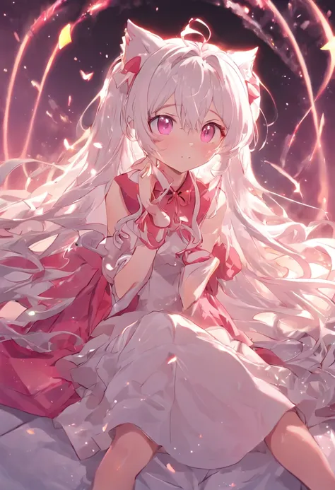 Anime girl sitting on soft bed，There are cat ears on the head, Pink and white long dress!! silber hair,Red pupils， Long hair with micro-curls，Half-series double ponytail，cute anime waifu in a nice dress,, White-haired god, gray-haired girl, Perfect girl wi...