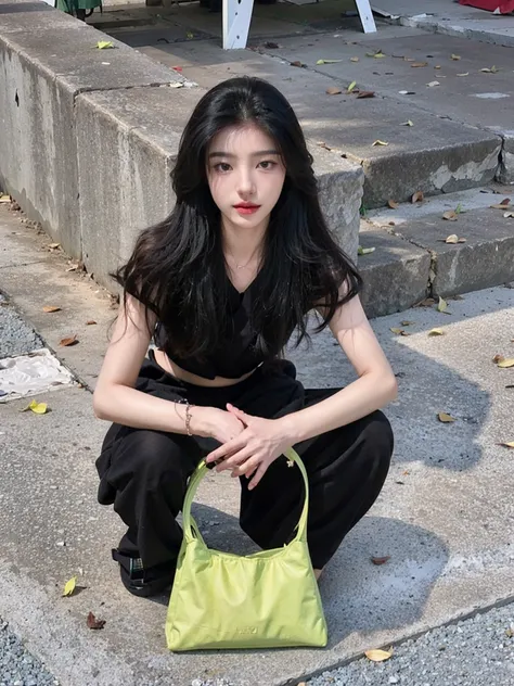 The Aravi woman sat on the ground，Holding a green purse, bae suzy, With black, Profile image, personal profile picture, leaked image, 🤬 🤮 💕 🎀, A young Asian woman, smooth in _ Background with, 😭 🤮 💕 🎀, jaeyeon nam, xision wu, cindy avelino, nivanh chanthar...