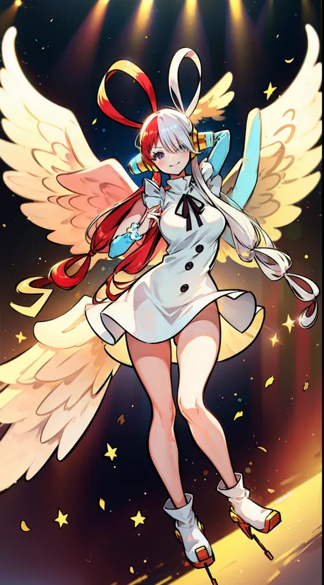 one piece dream singer UTA, one piece art style, red color ribbon shape hair style, wears a set of golden cone-shaped headphones with light-blue bands over her ears, white maid jumpsuit, golden color gauntlet, golden color armor shoes, cute unzip wind brea...