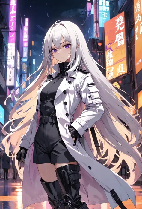 Two-dimensional woman，Long white silky hair，Bright purple pupils，White trench coat with black hard vest armor，A tactical belt hangs a black pocket，Black slim trousers with leggings，A pair of black tactical high-top boots