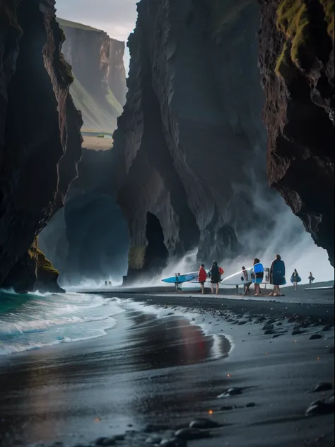 People walk on the beach near the cave with surfboards, iceland, sci-fi of iceland landscape, sheer cliffs surround the scene, still from nature documentary, Black sand, 8 k movie still, still from nature documentary, incredible depth, 4k movie still, 4 k ...