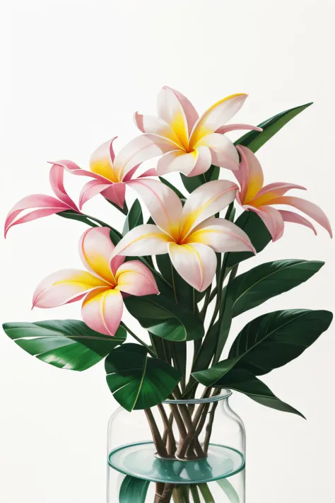 high-level image quality、Ultra-dense、Beautiful fece、Plumeria、{{White and pink plumeria flowers}}、{{One round}}、{{Flowers only}}、watercolor paiting、illustratio、a plant、florals