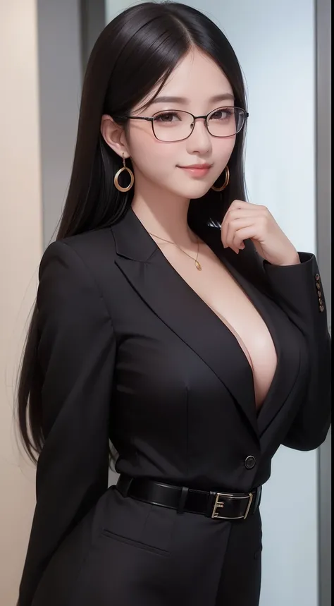 Seoldef, black hair, black eyes, long hair,
suit, black shirt, earrings, office lady, solo, smile, glasses, large breasts, breasts, lips, upper body, cleavage, formal, jewelry, blush, 1girl, looking at viewer
masterpiece, best quality