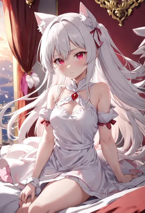 Anime girl sitting on soft bed，There are cat ears on the head, Pink and white long dress!! silber hair,Red pupils， Long hair with micro-curls，Half series double ponytail，cute anime waifu in a nice dress,, White-haired god, gray-haired girl, Perfect girl wi...