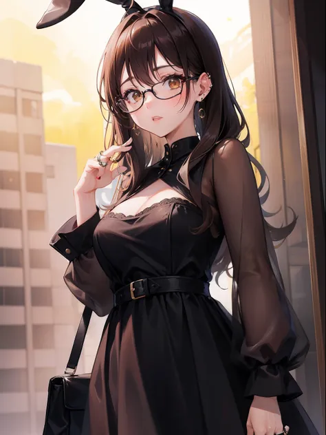 1人の女性、brown haired(Curta)、Brown eyes、Black-rimmed glasses、Ring piercing of the earlobe、Black Bunny Years、Black dress