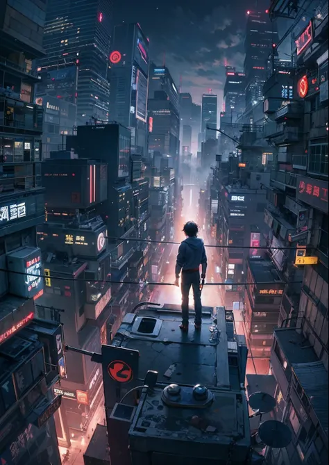 1boy,a 13 yo boy、Cyberpunk Boy、katanas,Tank Tops、Whole body bloody、Overhead view of the composition、backlightning,The beginning of the adventure、Lots of clouds,heavy fog、Midnight,darkness,Chaotic city of the future、Movie dystopia、A group of very tall skysc...