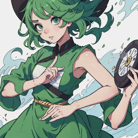 Tatsumaki Anime, tornado, Olhando para o Viewer, irritado, pose de ataque, corpo inteiro, pernas detalhadas,short hair, franja, cabelos verdes, olhos verdes, Olhos detalhados, 鎖骨, Coxas, separated-lips, cabelos verdes, mangas compridas, vestido preto, drap...