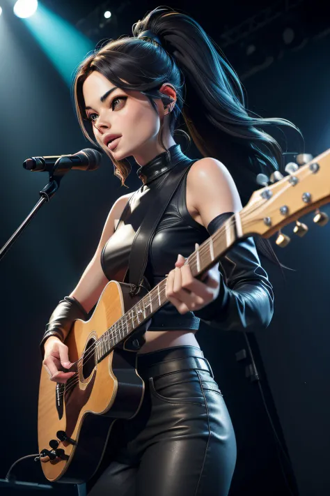 Kristin Kreuk chanteuse pop aux cheveux long, ponytail, and symmetrical watery green eyes hold a guitar and sing through headphones, dressed in black leather pants, avec un angle dynamique, captured in a very detailed cowboy shot, giving off a melancholic ...