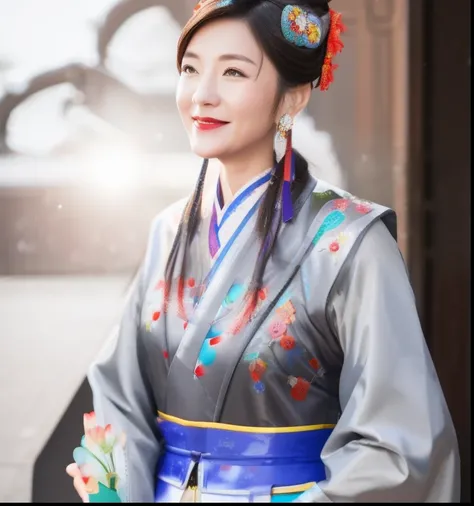 Smiling woman in traditional gray cheongsam