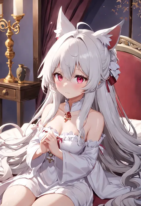 Anime girl duck sitting on soft bed，There are fox ears on the head, Pink and white long dress!! silber hair,Red pupils， Long hair with micro-curls，Half series double ponytail，cute anime waifu in a nice dress,, White-haired god, gray-haired girl, Perfect gi...