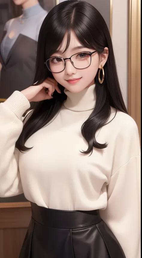 seoldef, black hair, black eyes, long hair, glasses, 
1girl, solo, looking at viewer, smile, white turtleneck shirt, gold earrings, black skirt, standing, upper body, 
masterpiece, best quality