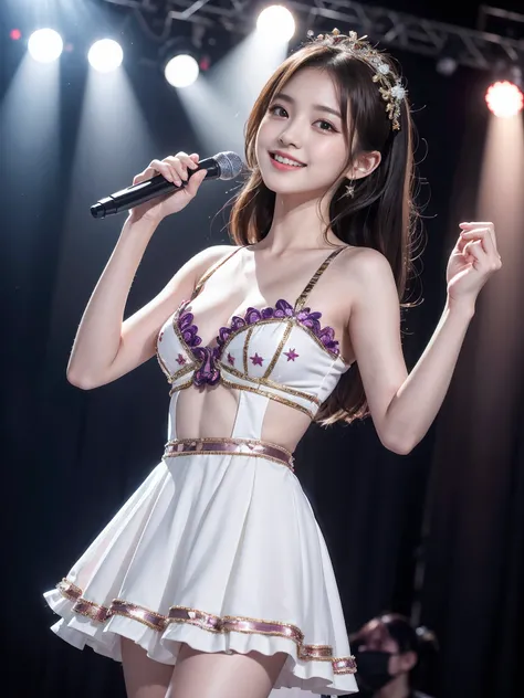 Realistic, Photorealistic, Masterpiece, Best Quality, One Girl, Solo, In the Stage, Stage Lighting, Stage Spotlight, Look At Audience, Smile, idol_singing_costume, (pureerosface_v1:0.8),Korean Idol,Nogizaka Idol,Actress,Gravure Idol