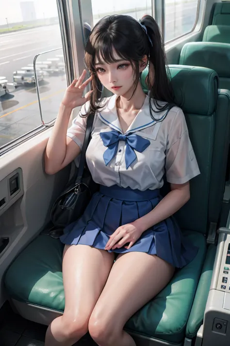 Real Images、(​masterpiece:1.2、top-quality)、Lady 1、独奏、Stand kneeling、Physical education sitting、M-shaped legs、open legs,summer clothing、Cabin Crew、Open legs,poneyTail、校服、a miniskirt、White panty、camels toe、Planes、Pink blouse、Services for passengers、water dri...