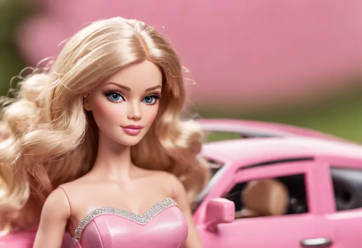 full body, hyper realistic photograph, cinematic style, Barbie, film grain, barbie movie, pink dress, pink background, ((driving pink car))