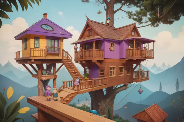 At the base of a towering Wes Anderson-style treehouse, a tiny resident with vibrant purple hair, mismatched socks, and a collection of quirky trinkets embarks on an intrepid ascent to the miniature rooftop, seeking the perfect view of the vast backyard la...