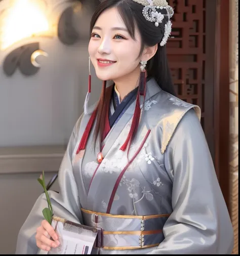 Smiling woman in traditional grey chinese dress