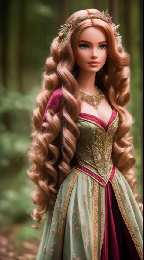 Barbie, wearing elven clothes worthy of JRR TOLKIEN and Peter Jackson, ultra detail face, pose dynamique, prise de vue ultra large, profondeur de champ, long red curly hair,  Stylish makeup, accessoires scintillants, ambiance lumineuse, marche, forest back...