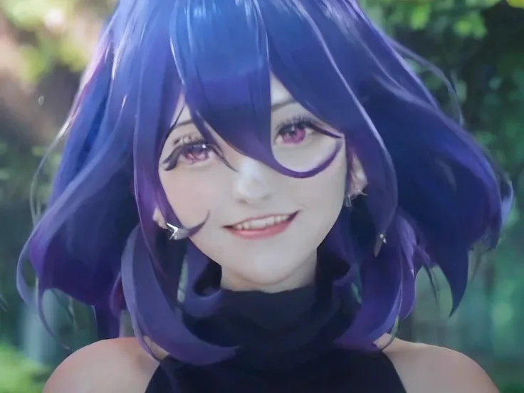 a close up of a person with purple hair and a black top, portrait gapmoe yandere grimdark, smooth anime cg art, shalltear from overlord, beautiful anime face, portrait knights of zodiac girl, anime visual of a young woman, anime style. 8k, made with anime ...