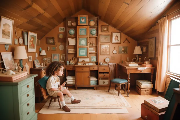 In a Wes Anderson-inspired attic filled with nostalgic relics, a tiny collector with a curly auburn mane and freckles dusts off miniature treasures, uncovering the stories behind each tiny object.