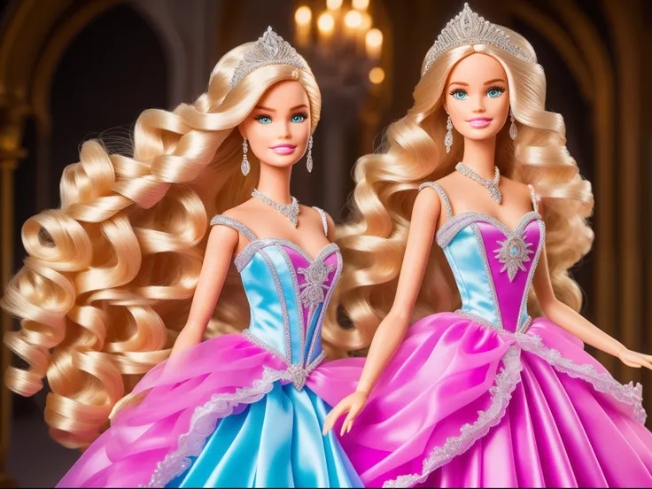 Barbie, dressed in princess clothes, Radiant smile and a perfectly symmetrical face, Ultra Detail, pose dynamique, prise de vue ultra large, plein pied, profondeur de champ, Castle background, long blonde hair cascading down her shoulders, Stylish makeup, ...