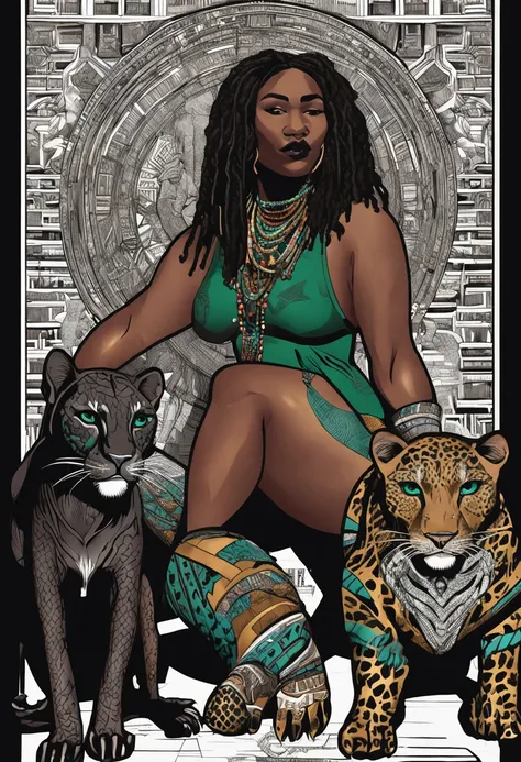 Masterpiece - Illustrations - Detailed - Best Quality) full body pose thick curvy very pretty black woman with indigo dreadlocks holding a skull in her hand wearing a leopard skin bikini , a black panther with neon glowing green eyes sitting by her and pyr...