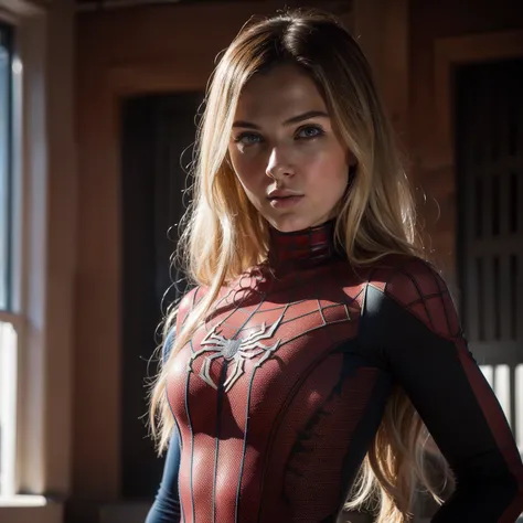 masterpiece, best quality, realistic, photograph, photorealism, hyper-detailed, perfect body, detailed eyes, beautiful girl, (Gwen Stacy), spider-woman, spider costume, posing for photo