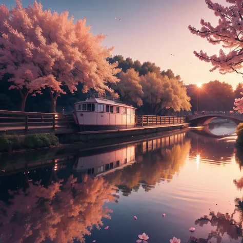 A boat on a river in a sunset, a bridge nearby, reflection of the water, blossoms tree, falling flowers in the air and the water, wallpaper, 8k, printable --auto