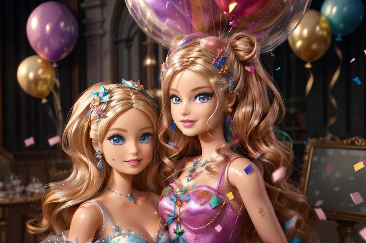 a Barbie doll theme party, with the dolls dancing and celebrating amidst a vibrant and dynamic environment, 3D with high-definition details, bringing the party to life with colorful decorations, balloons, and confetti. The soft and ambient lighting adds a ...