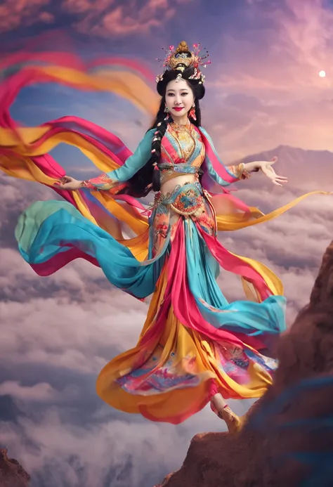 A classical beauty，Wearing the costume of Dunhuang Flying Sky，Dancing in the sky，The clothes are colorful，There are colored ribbons，Hands up，lute in hand，Hefty Smile