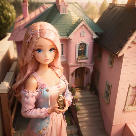 a barbie doll in front of a charming pink house, bathed in soft daylight, best quality, masterpiece, super detail, award winning