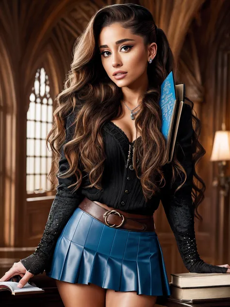 ariana grande, wavy hair, detailed alluring eyes, sexy legs, wearing blue mantle, mini skirt, gaiters, holding books, seductive,...