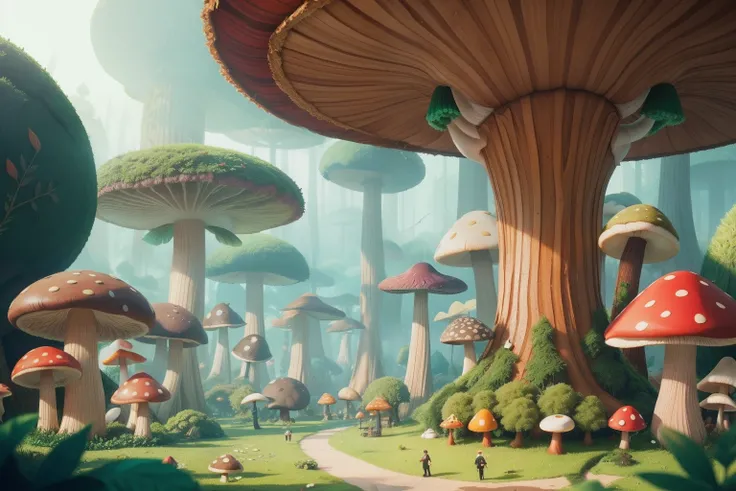 Within the enchanting world of a Wes Anderson forest, colossal, multicolored mushrooms rise like skyscrapers, casting enchanting shadows on the emerald undergrowth.