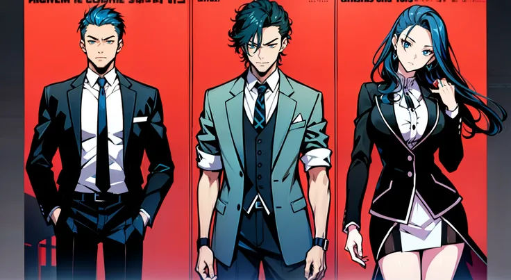 (3 people) Anime poster of the three, Art Cover Illustration, romance novel cover, Casual Man, prankster, Blue-haired, 韓国アイドル, Young idols, goodlooking, prety, Girl in a dress, man in suit, normal legs, Normal hands, action. Make the middle man younger and...