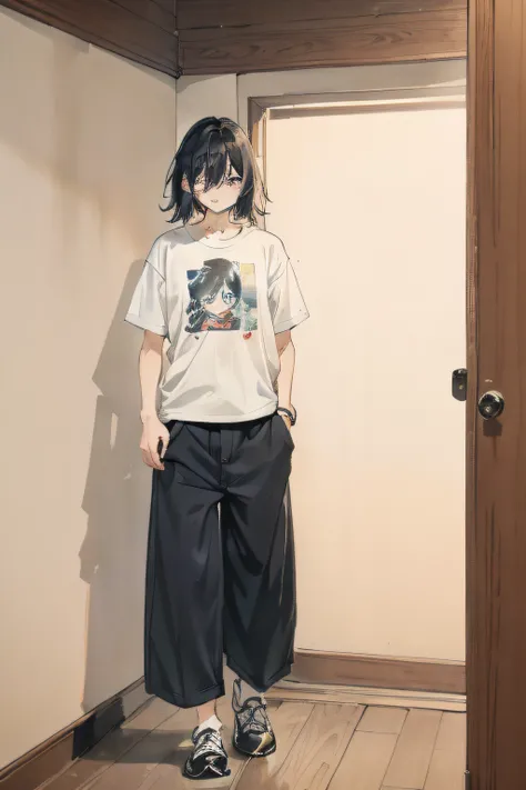 Comely，Has black hair，The bangs just above the forehead，The corners of the eyes droop slightly [45] ，I often wear large trousers, board shoes, and a T-shirt every day，20yr old，youth，"Frustrated"、"Exhaustion"，Relatively less confident