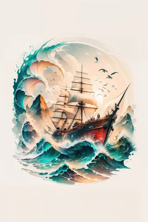 There is a picture with a colorful logo of the ship, water elemental, Water type, Sail ships, riding the wave, inspired by Shūbun Tenshō, Shinkai, illustrated logo, matoko shinkai, Stylized digital illustration, on the ocean water, Sail ships, Logo art, in...