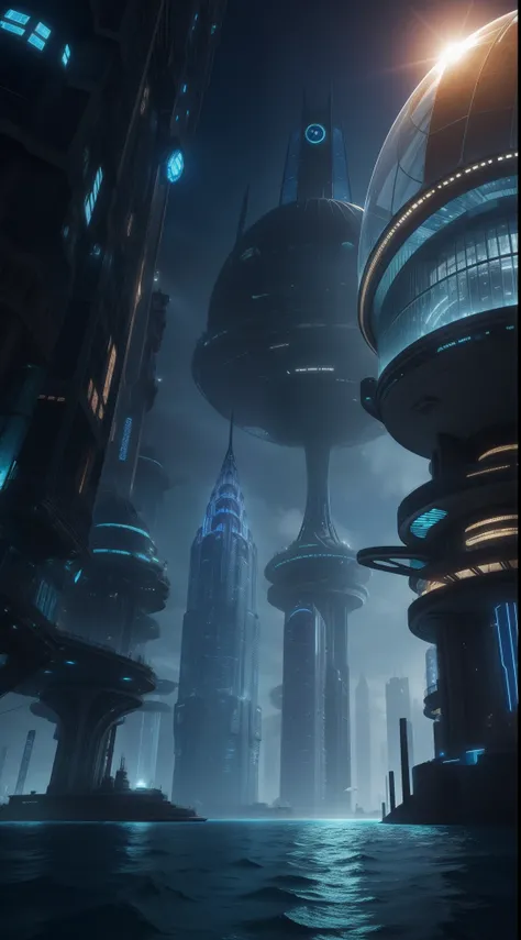 Create a futuristic metropolis buried beneath the ocean, featuring towering glass domes with advanced aquatic transportation hype realistic 8k detailed