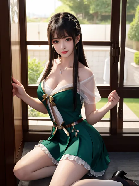 Best quality、tmasterpiece、A high resolution、1girll、Strapless animal short sleeves、a black skirt、black thin stockings、Nice face、There are hair ornaments on the head、looking at viewert、ssmile、Brown hair，beautiful and clear eyes， Green eye pupils，Green eye pu...