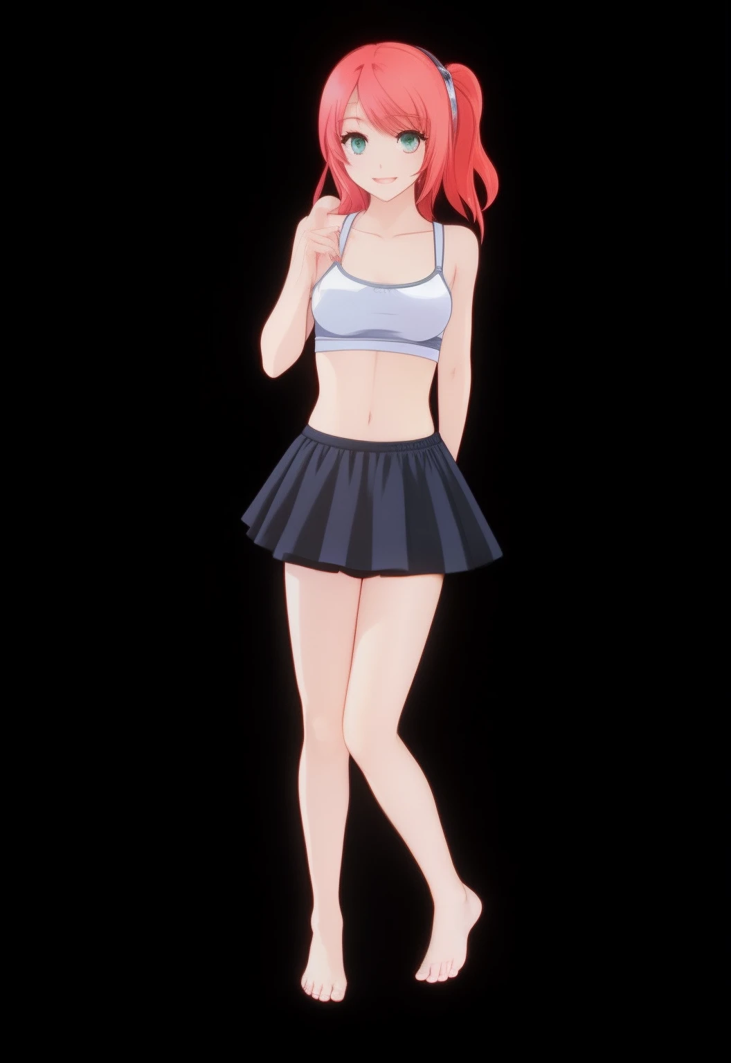 a smile、Red hair、gray Tank top、Black miniskirt、flered skirt、Physical education sitting、Pants are visible、Futomo、Beautiful skin、realistic facial expression、bare-legged、pink underpants、Sit on the bed、Own room、Feminine room、Side tail hair、Long red hair、Black ...